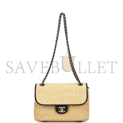 CHANEL MASTER SMALL FLAP BAG BEIGE BRAIDED RAFFIA AND BLACK LAMBSKIN LIGHT GOLD HARDWARE AS6017 (23*16*8cm)